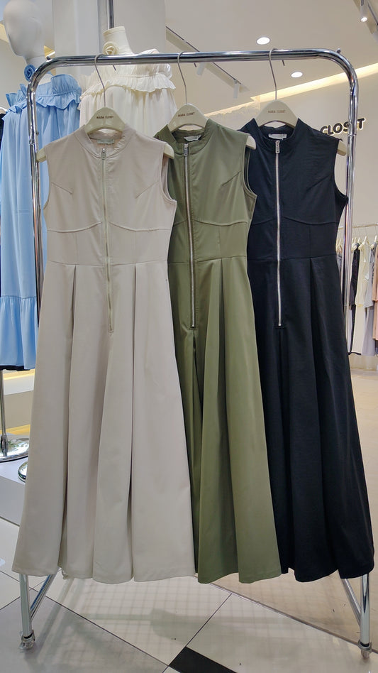 The "Urban Zip-Front" Maxi Dress in beige, olive, and black sleeveless styles with front zipper closure.