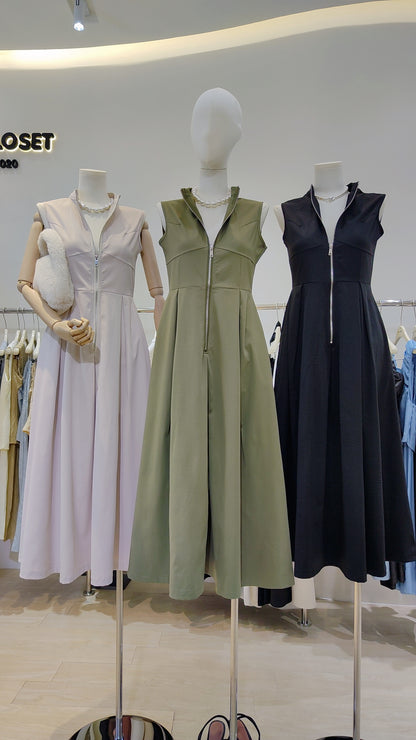 The Urban Zip-Front Maxi Dress in three colors with sleeveless design and a full-length front zipper.