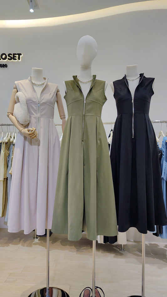 The Urban Zip-Front Maxi Dress in three colors with sleeveless design and a full-length front zipper.